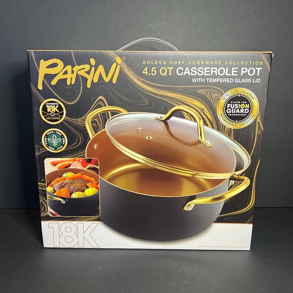NIB Parini 4.5Qt 18K Infused Gold Coated Casserole Pot w/ Tempered Glass Lid - Picture 1 of 7